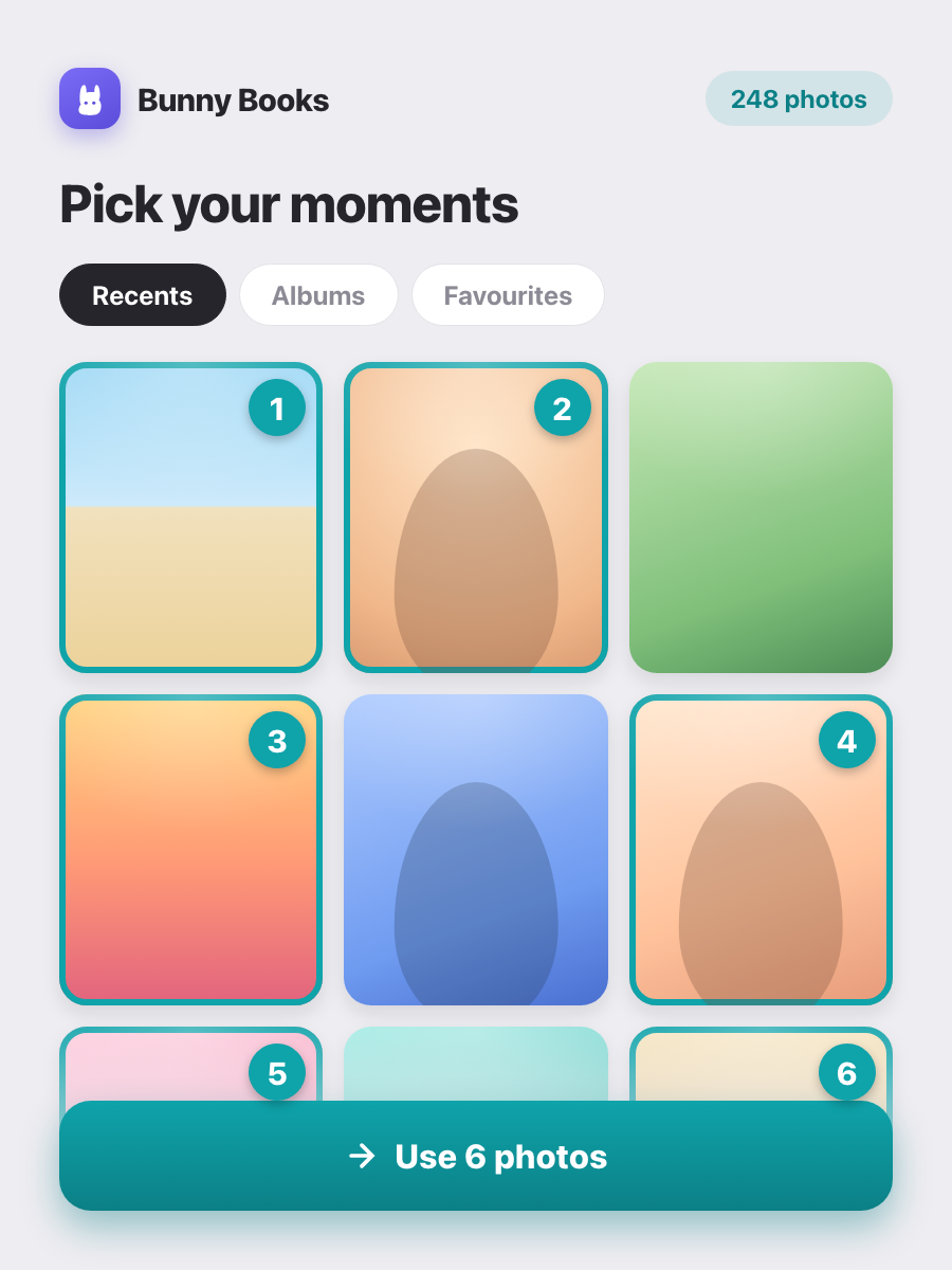 Pick your photos in the Bunny Book app